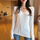 Tie-accent V-neck Long-sleeve T-shirt
