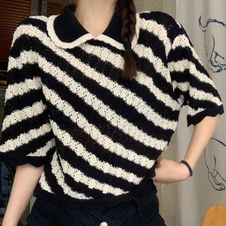 Short-sleeve Striped Peter Pan Collar Knit Top