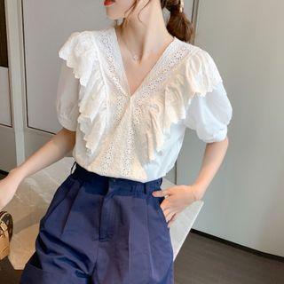 Eyelet Lace Ruffle Short-sleeve Blouse