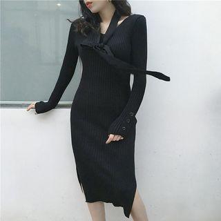 V-neck Ribbed-knit Midi Dress
