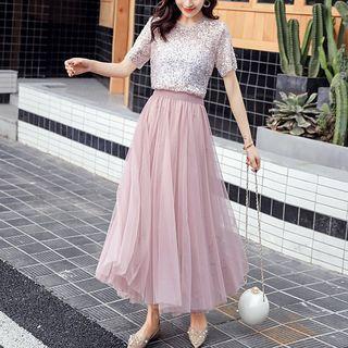 Set: Short-sleeve Top + Maxi A-line Skirt