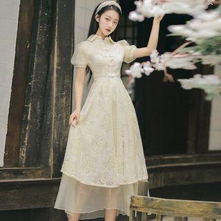 Set: Puff-sleeve Frog-buttoned Lace Overlay Shirt + Midi A-line Skirt