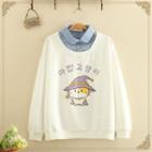 Inset Denim Shirt Cat Print Sweatshirt