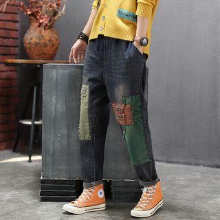 Distressed Color Block Cropped Jeans