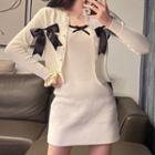 Set: Bow Accent Cardigan + Spaghetti Strap Mini Sheath Dress