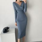 Long-sleeve Crinkled Midi Sheath Dress