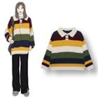 Polo Collar Striped Sweater Stripe - One Size