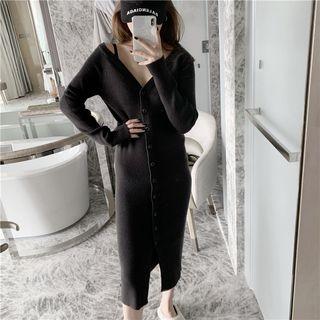Buttoned V-neck Rib Knit Mini Dress