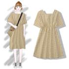 Elbow-sleeve Checker A-line Dress Yellow - One Size