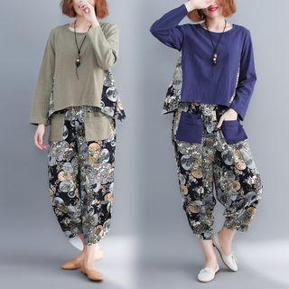 Set: Long-sleeve Top + Floral Wide-leg Pants