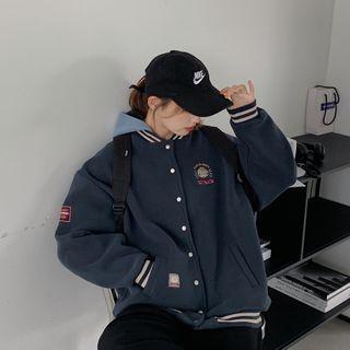 Embroidered Snap-button Baseball Jacket Blue - One Size