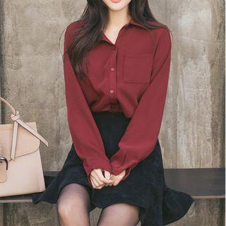 Front Pocket Plain Chiffon Shirt