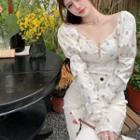Long-sleeve Floral Print Lace Trim Crop Top White - One Size
