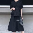 Short-sleeve T-shirt / Letter A-line Midi Skirt / Patterned Scarf