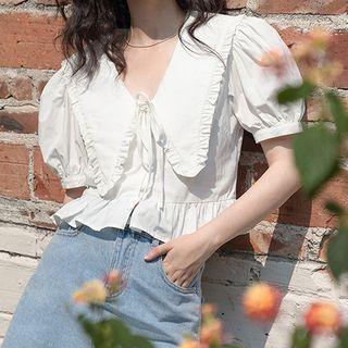 Lapel Ruched Plain Puff Short Sleeve Shirt