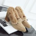 Genuine Leather Block Heel Furry-trim Loafers
