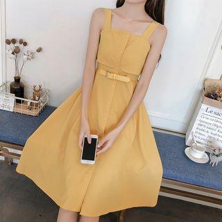 Strappy Button Midi A-line Dress With Belt