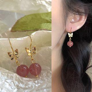 Butterfly Alloy Faux Crystal Dangle Earring 1 Pair - 2775a - Gold & Purplish Pink - One Size