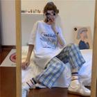 Elbow-sleeve Printed T-shirt / Plaid Wide-leg Pants / Set