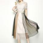 Short-sleeve Lace Panel A-line Mesh Dress