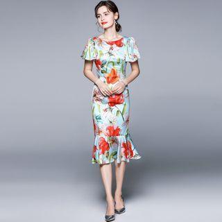 Short-sleeve Floral Midi Mermaid Dress