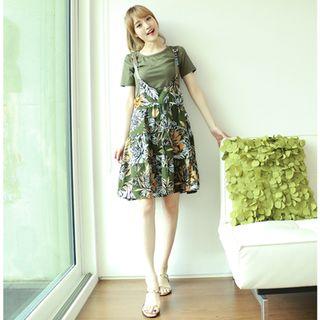 Set: Round-neck T-shirt + Linen Blend Patterned Jumper Dress