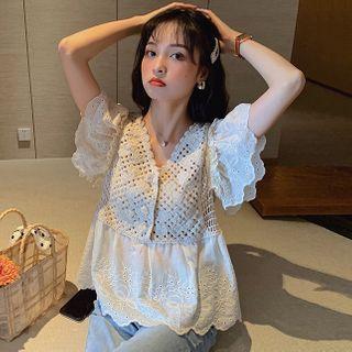V-neck Mock Two-piece Panel Lace Blouse Almond - One Size