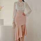 Set: Lace Blouse + Asymmetrical Ruffle Hem Pencil Skirt