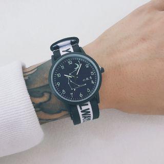 Moon & Star Print Lettering Strap Watch