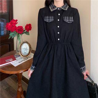 Plaid Trim Midi A-line Shirtdress