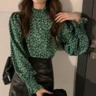 Long-sleeve Leopard Print Blouse Leopard - Green & Black - One Size