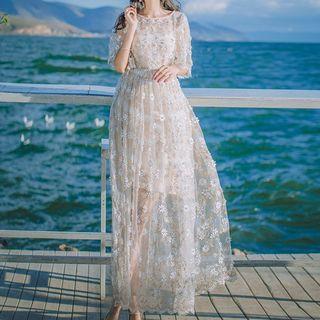 Elbow-sleeve Maxi Lace  Dress