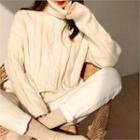Turtle-neck Cable-knit Top Cream - One Size