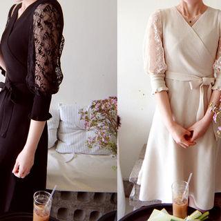 Sheer Lace-sleeve Knit Dress With Sash