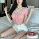 Button-up Skinny Crop T-shirt