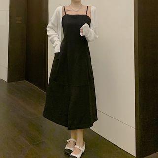 Spaghetti Strap Slit Midi A-line Dress / Light Jacket