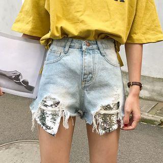 Sequined Ripped Denim Shorts