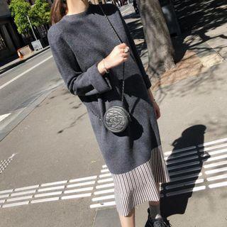 Long-sleeve Striped Panel Midi Knit Dress Dark Gray - One Size