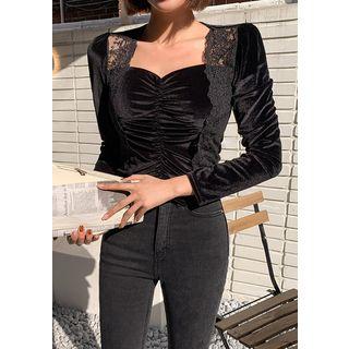 Lace-trim Shirred Velvet Blouse