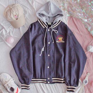 Bear Print Hooded Baseball Jacket As Shown In Figure - One Size