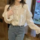 Stand-collar Lace Trim Long-sleeve Top