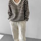 V-neck Fleece-lined Stripe Sweatshirt