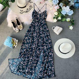 Slit-hem Floral Print Cross-strap Dress