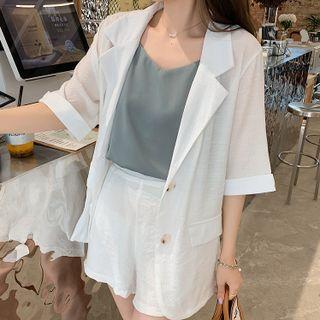 Set: Elbow-sleeve Blazer + Shorts + Spaghetti Strap Top