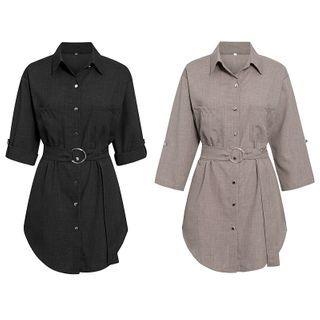 3/4 Sleeve Belted Shirtdress