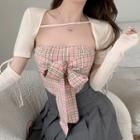 Detachable-sleeve Shrug / Strapless Plaid Bow Camisole Top