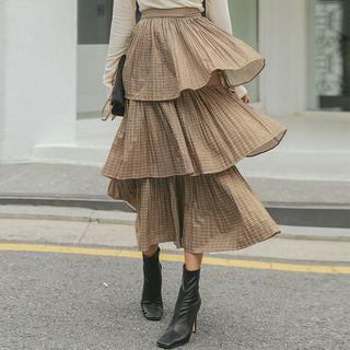 Ruffled Tiered Maxi Houndstooth Skirt Brown - One Size