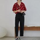 Short-sleeve Flower Print Blouse / Cropped Harem Pants / Set