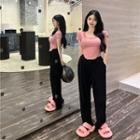Short-sleeve Scoop Neck T-shirt / Wide Leg Pants