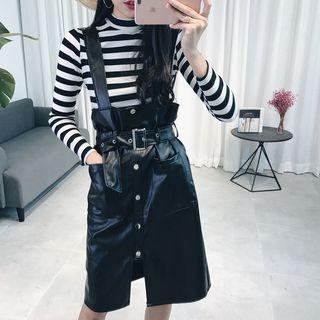 Set: Striped T-shirt + Faux Leather Pinafore Dress